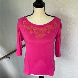 Robert Graham Womens Size M Boho Embroidered  3/4 SleeveTop Paisley Print Pink S